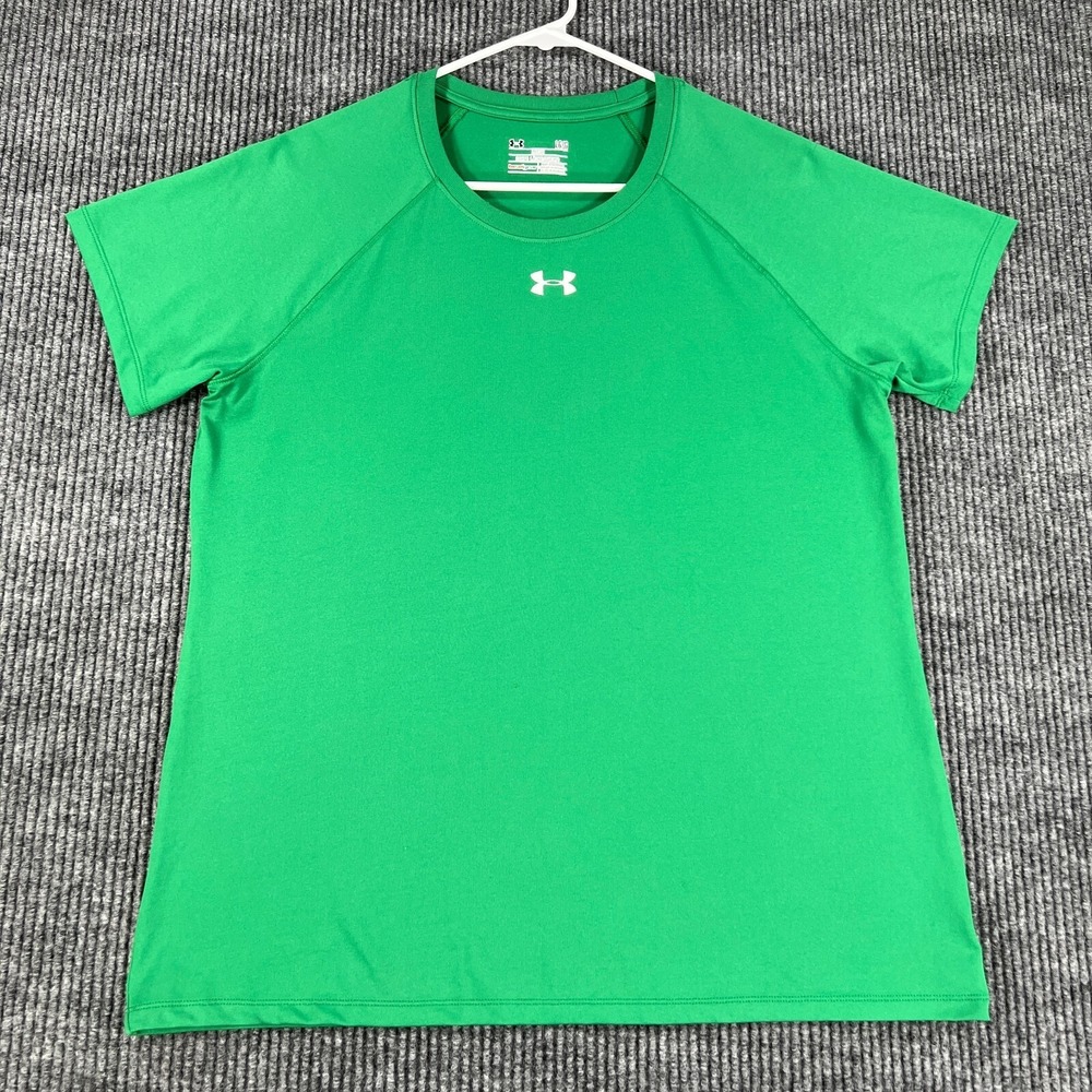 Under Armour Shirt Womens Large Green Short Sleeve Loose Fit Heat Gear Active